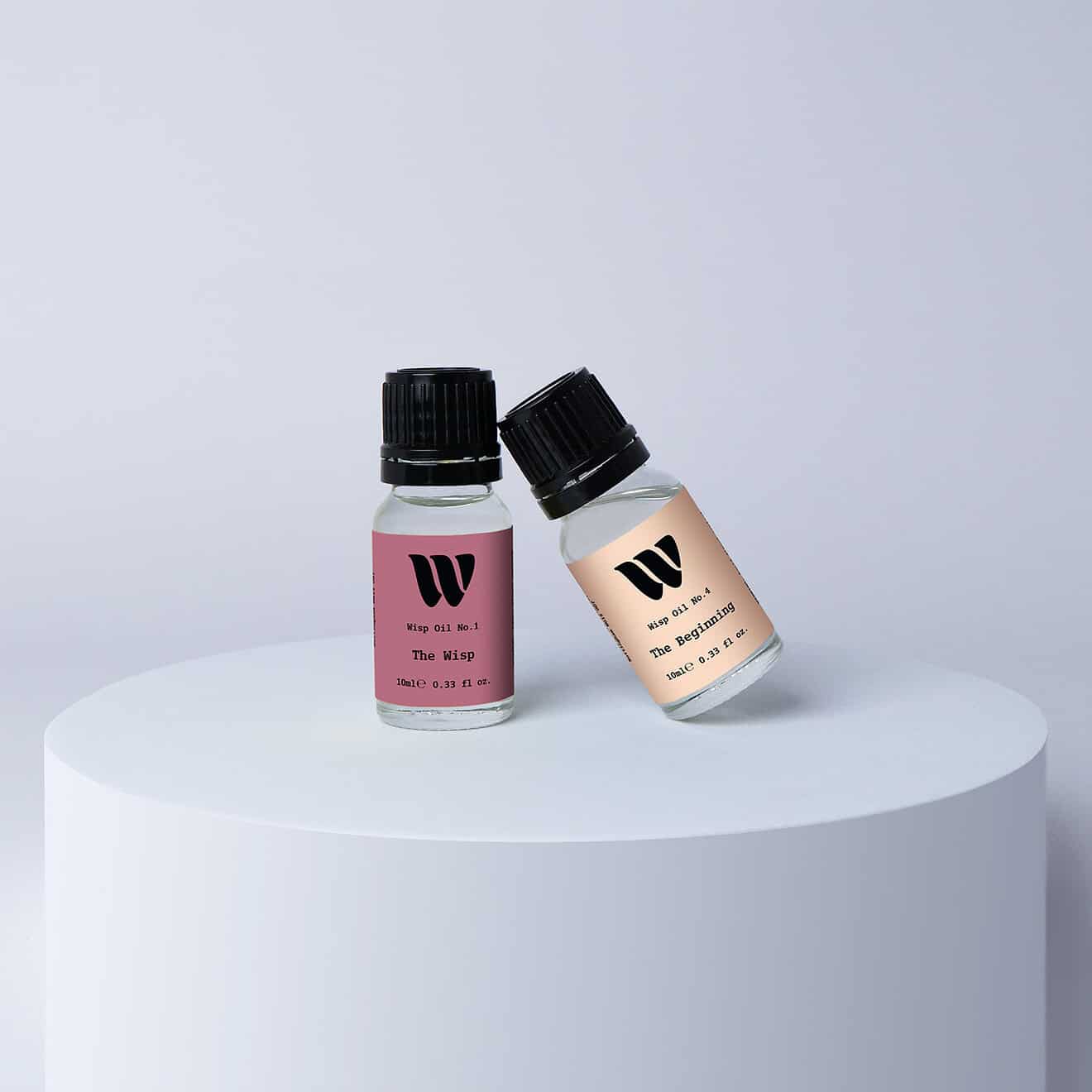 Duo bottles of the 10ml Wisp home fragrance oil No.1 The Wisp which has notes of amber, jasmine, coconut and bergamot, and No.4 The Beginning which has notes of sage, lemon and sea salt. A perfect gift set for birthday and christmas.