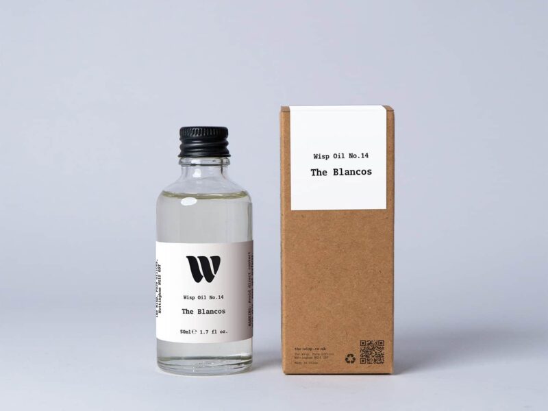 Bottle of the 50ml Wisp home fragrance oil No.14 The Blancos which has notes of soft violet and magnolia.