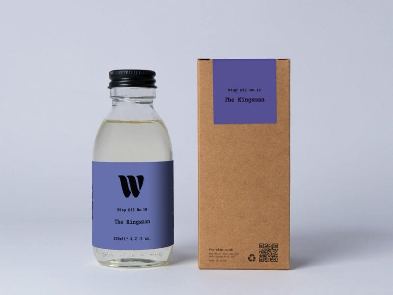 Bottle of the 125ml Wisp home fragrance oil No.19 The Kingsman which has notes of smoky sandalwood and vetiver.