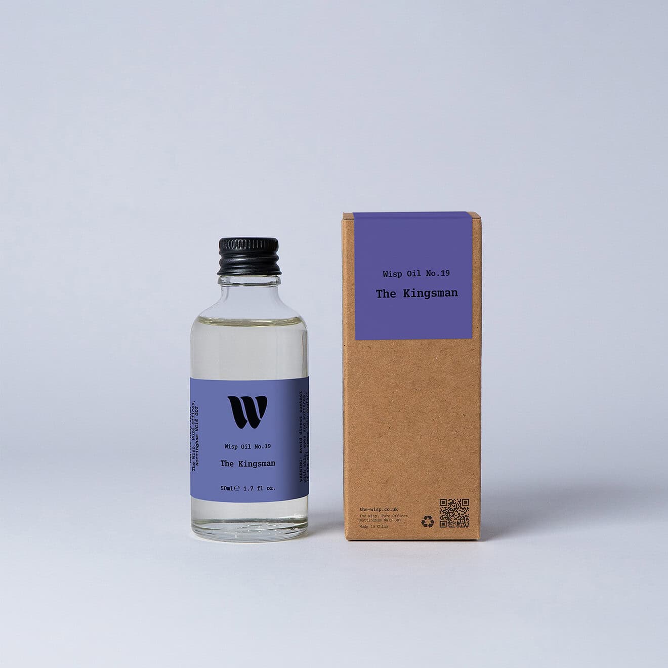 Bottle of the 50ml Wisp home fragrance oil No.19 The Kingsman which has notes of smoky sandalwood and vetiver.