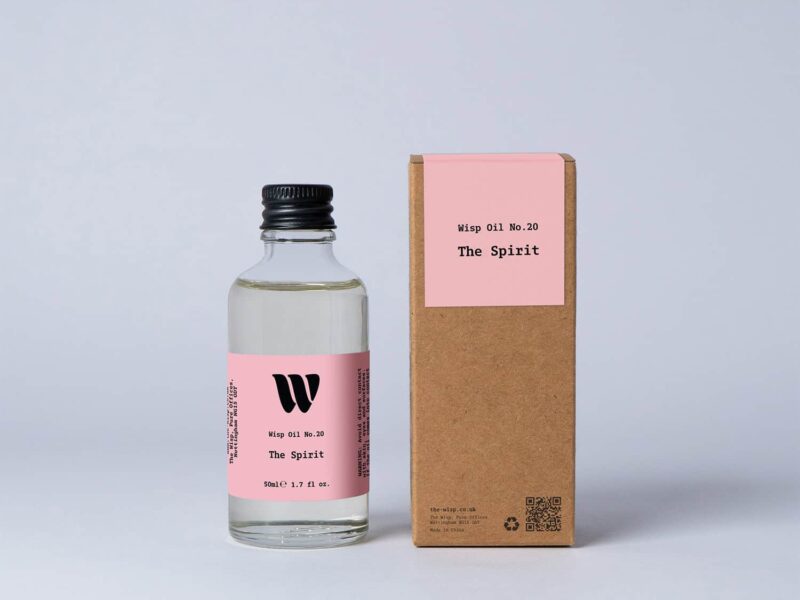 Bottle of the 50ml Wisp home fragrance oil No.20 The Spirit which has notes of ripe plum and crisp bergamot.