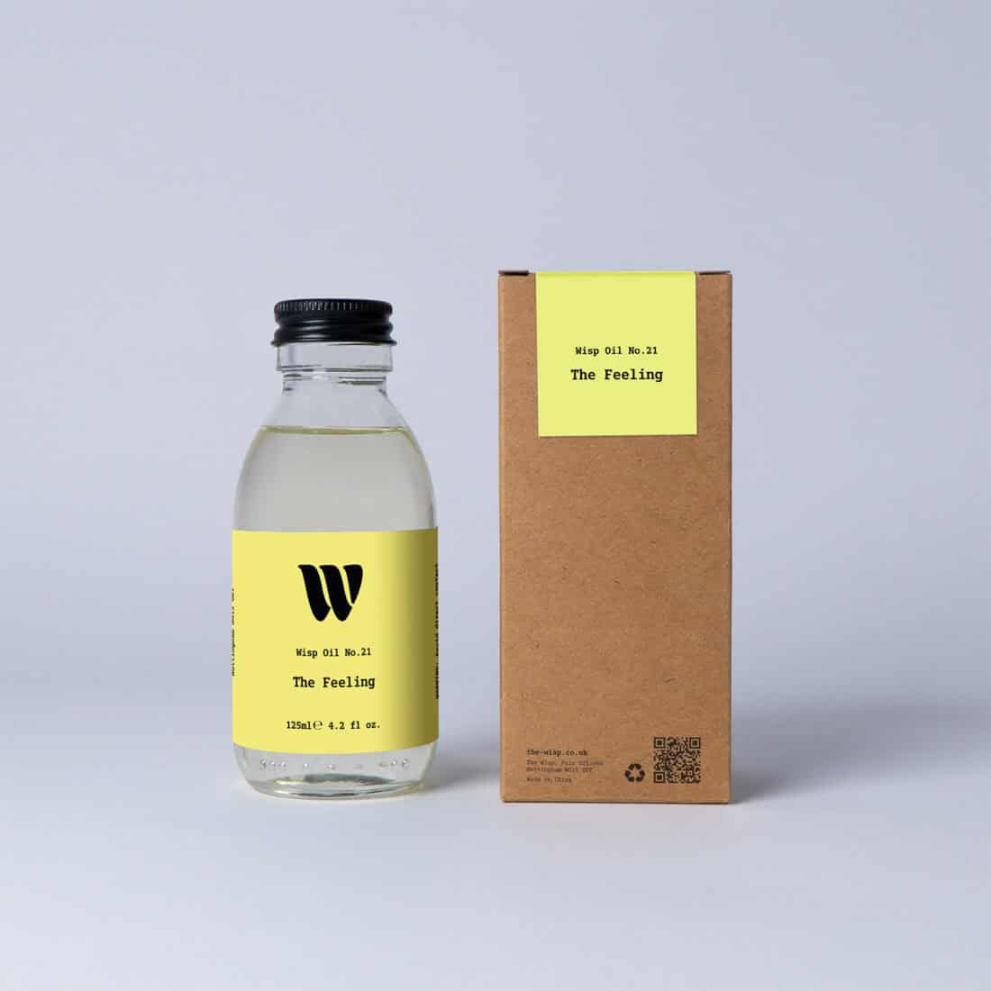 Bottle of the 125ml Wisp home fragrance oil No.21 The Feeling which has notes of blackcurrant berries and Bulgarian rose