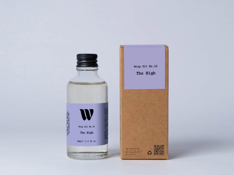 Bottle of the 50ml Wisp home fragrance oil No.22 The High which has notes of citrus, patchouli and sandalwood.