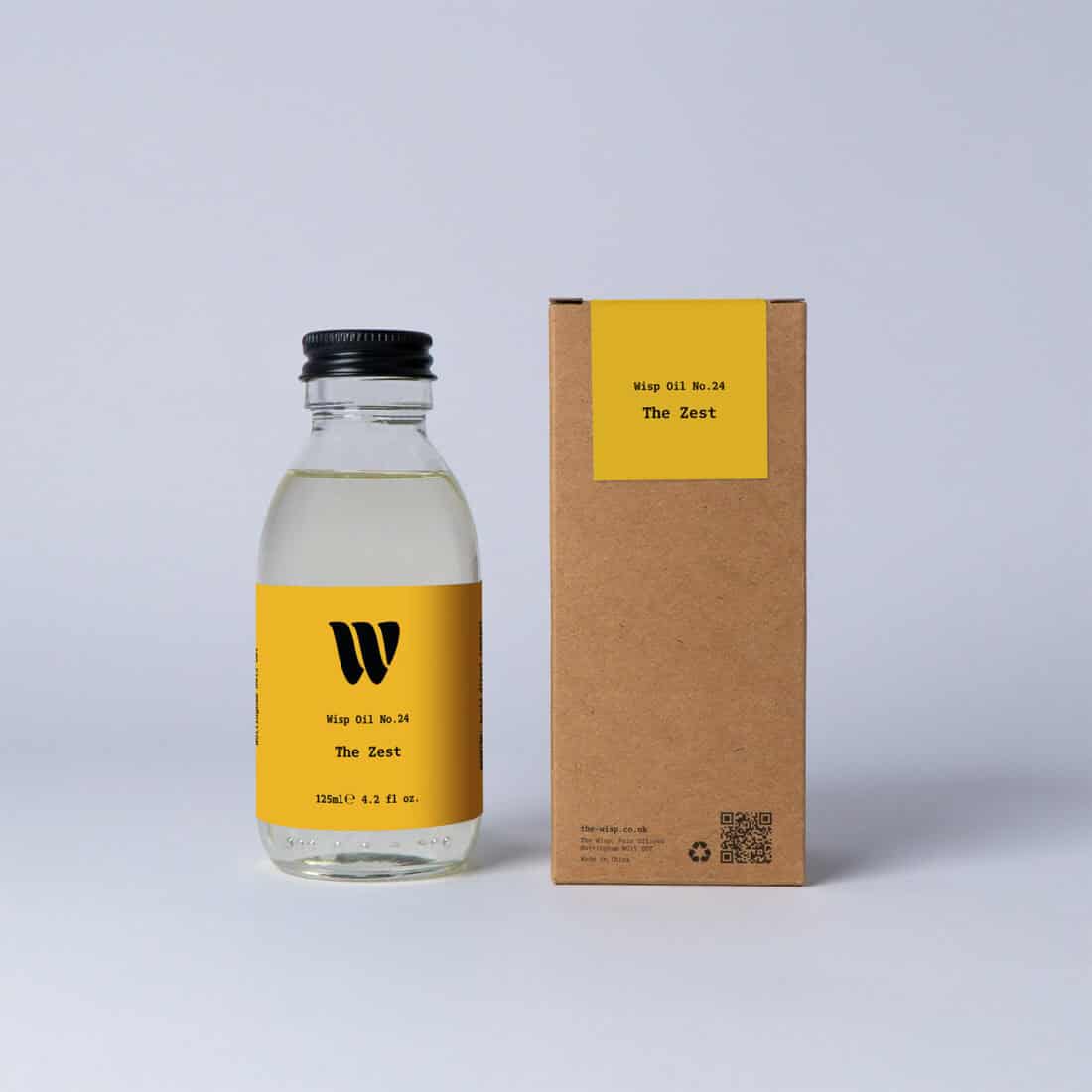 Bottle of the 125ml Wisp home fragrance oil No.24 The Zest which has notes of citrus, spiced ginger and cardamom.