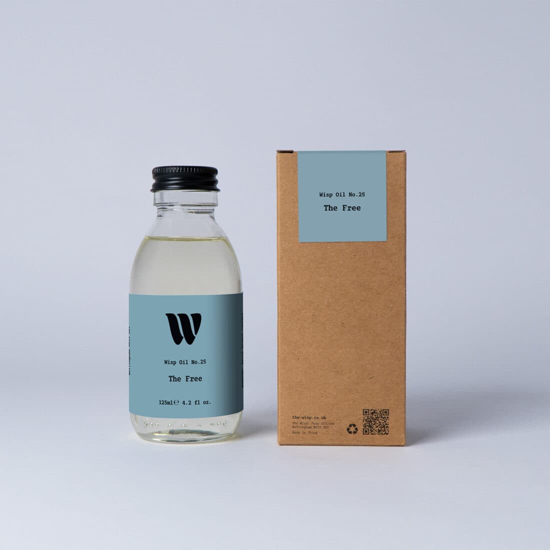Bottle of the 125ml Wisp home fragrance oil No.25 The Free which has notes of fresh bergamot, lemon and Jasmine.