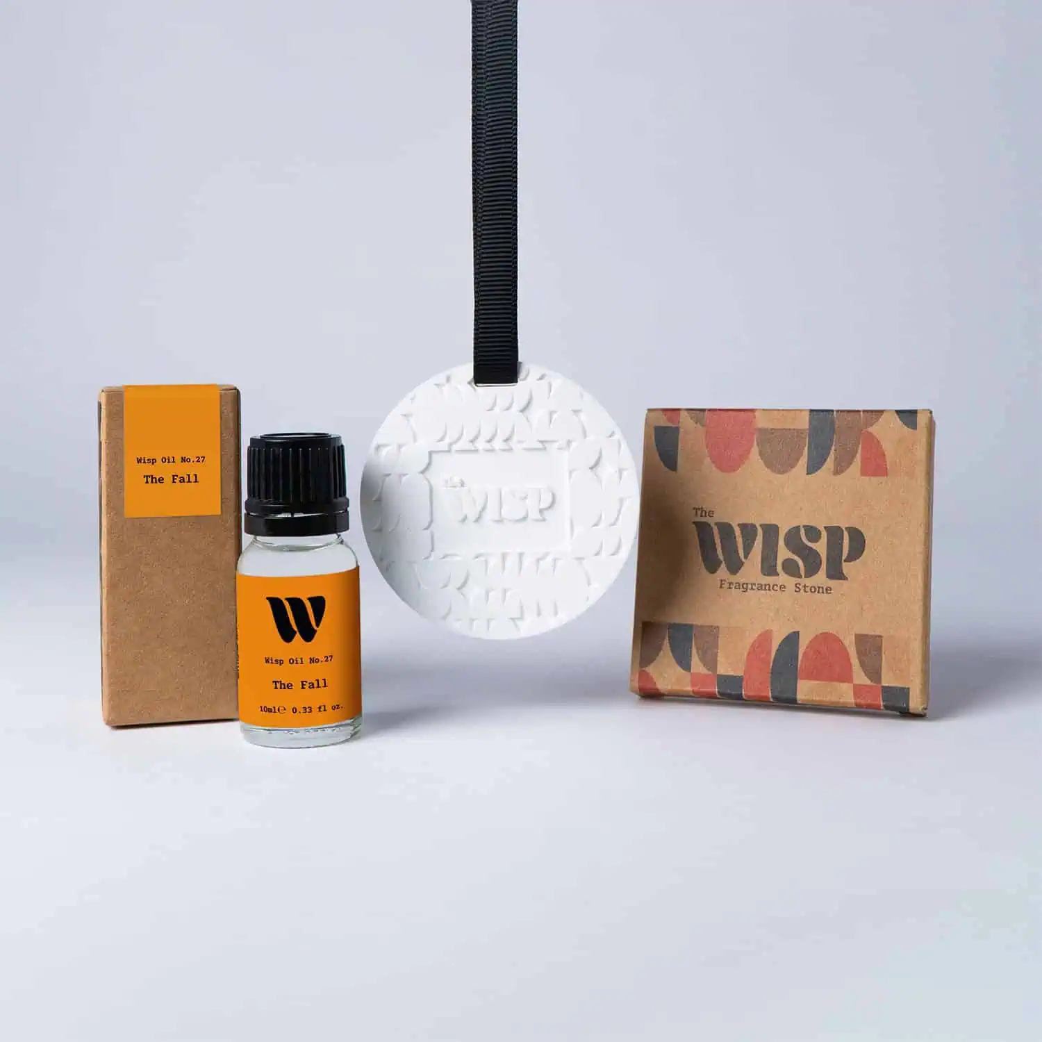 The Fall Fragrance Stone gift set by The Wisp — ceramic scent stone, 10ml spiced home fragrance oil and kraft box