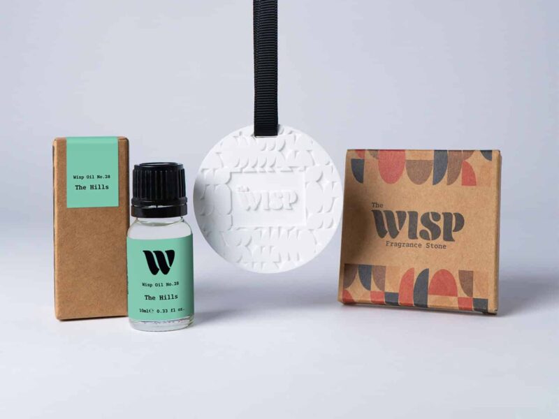 The Hills Fragrance Stone gift set by The Wisp — ceramic scent stone, 10ml green herbal home fragrance oil and kraft box