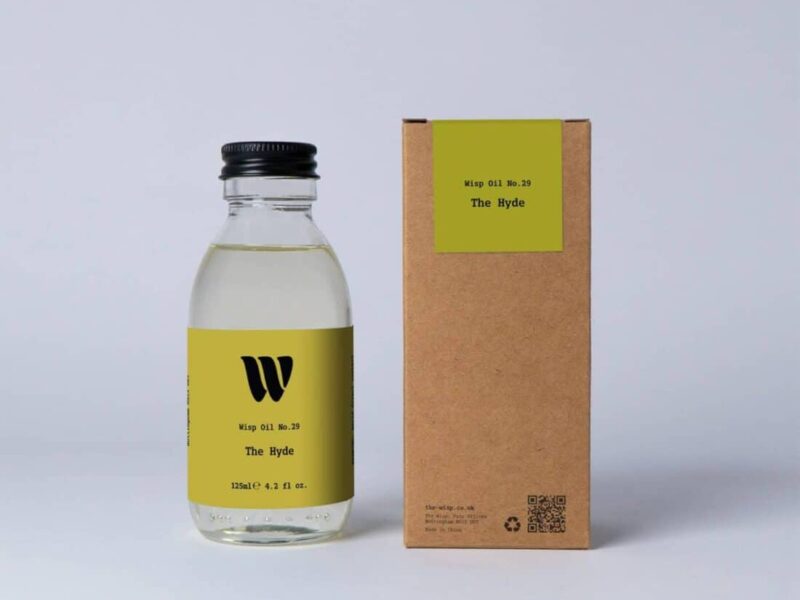 Bottle of the 125ml Wisp home fragrance oil No.29 The Hyde which has notes of leather and lily of the valley.