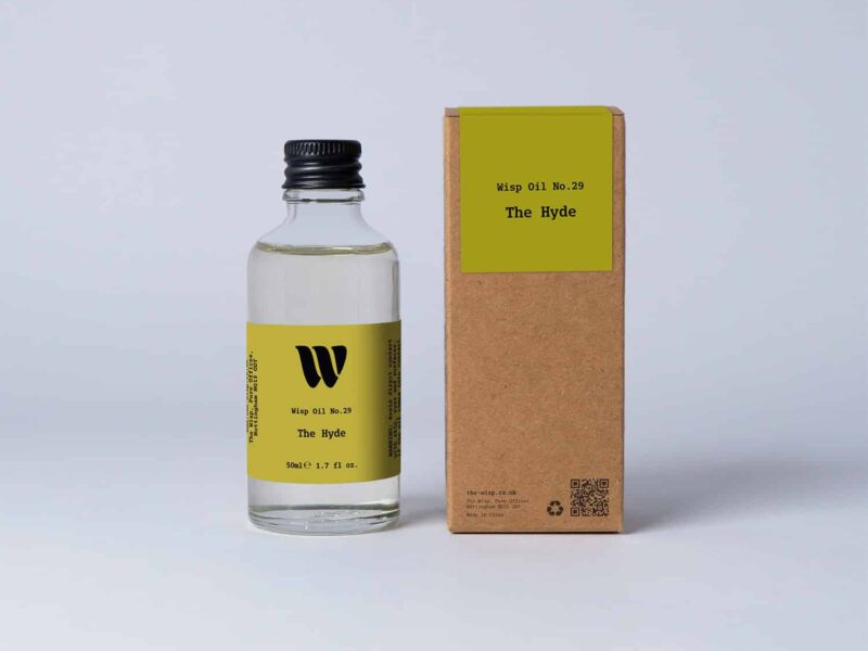 Bottle of the 50ml Wisp home fragrance oil No.29 The Hyde which has notes of leather and lily of the valley.