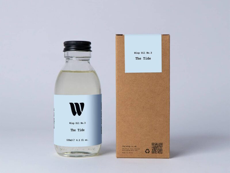 Bottle of the 125ml Wisp home fragrance oil No.3 The Tide which has notes of sea breeze, cucumber and crocus.