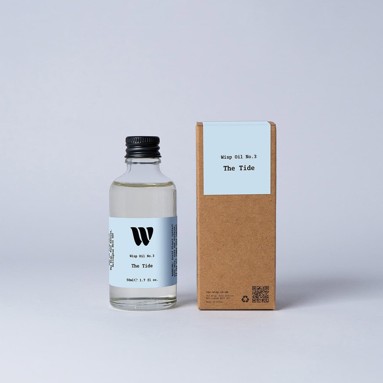 Bottle of the 50ml Wisp home fragrance oil No.3 The Tide which has notes of sea breeze, cucumber and crocus.