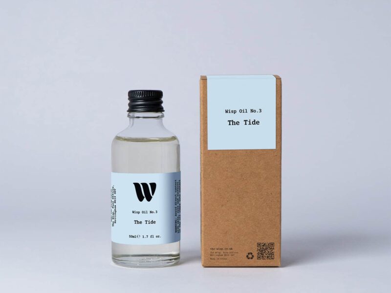 Bottle of the 50ml Wisp home fragrance oil No.3 The Tide which has notes of sea breeze, cucumber and crocus.