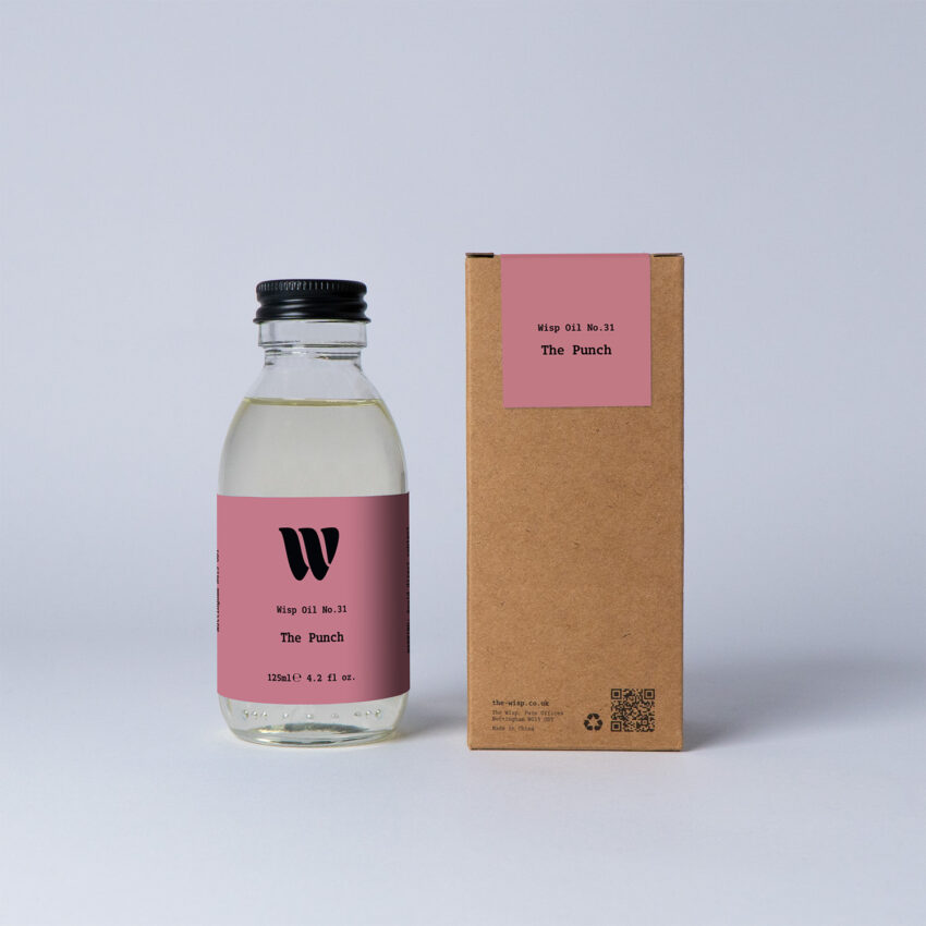 Bottle of the 125ml Wisp home fragrance oil No.31 The Punch which has notes of Mandarin and Orange Blossom
