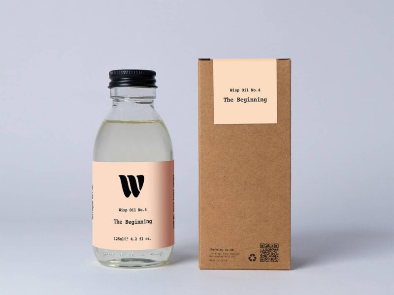 Bottle of the 125ml Wisp home fragrance oil No.4 The Beginning which has notes of sage, lemon and sea salt.