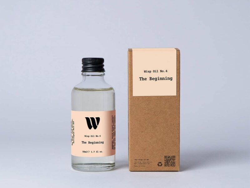 Bottle of the 50ml Wisp home fragrance oil No.4 The Beginning which has notes of sage, lemon and sea salt.