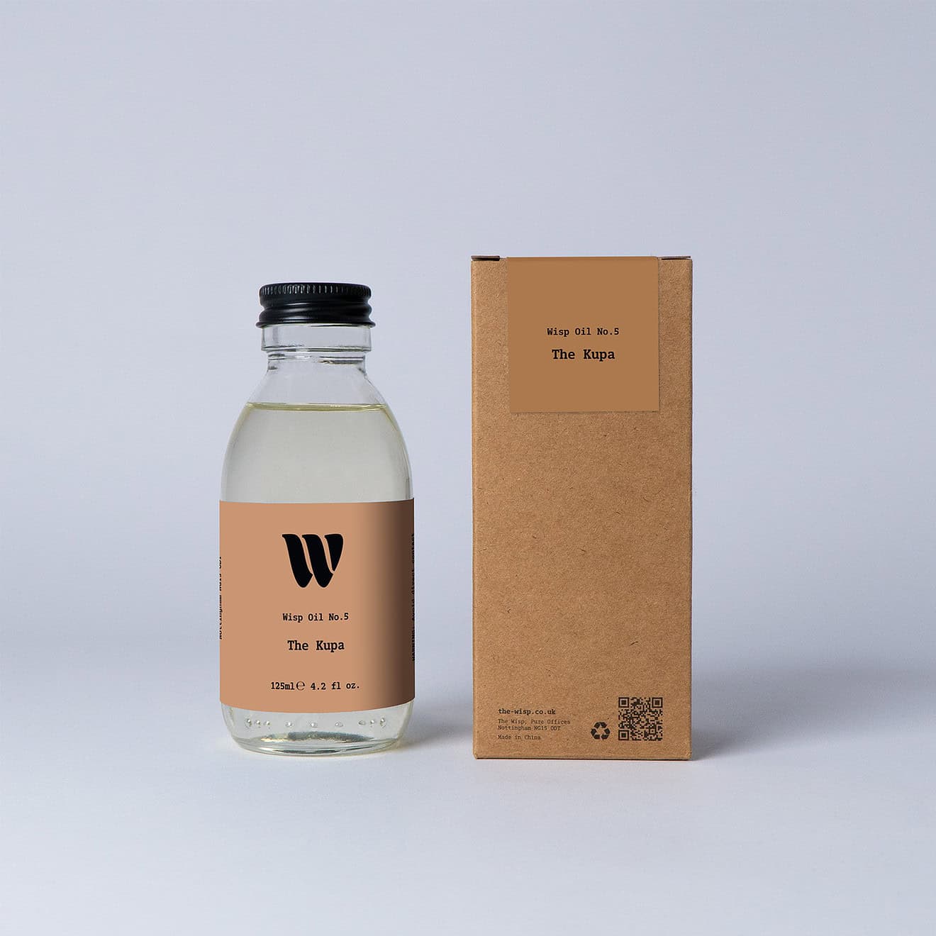 Bottle of the 125ml Wisp home fragrance oil No.5 The Kupa which has notes of leafy and zesty,