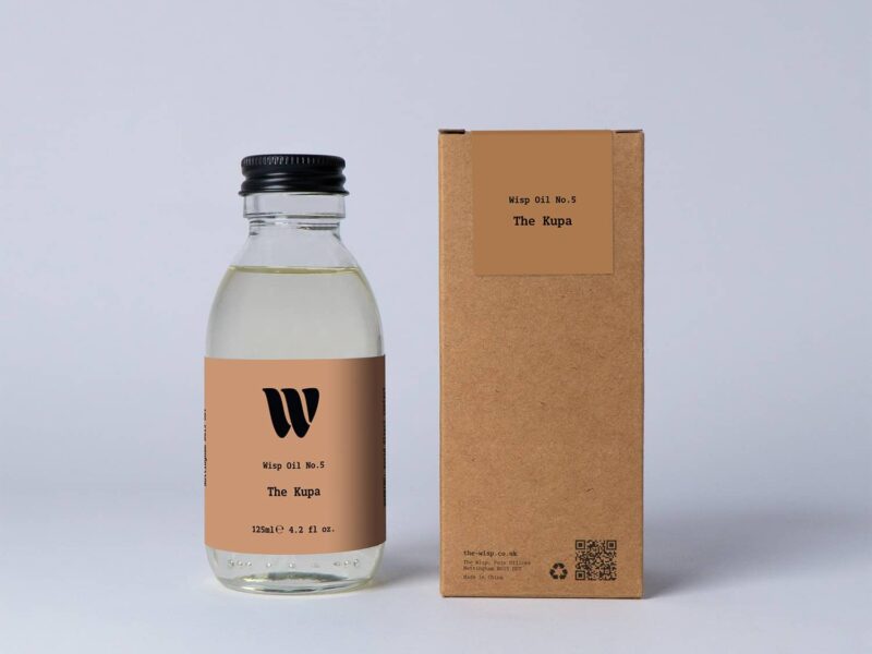 Bottle of the 125ml Wisp home fragrance oil No.5 The Kupa which has notes of leafy and zesty,