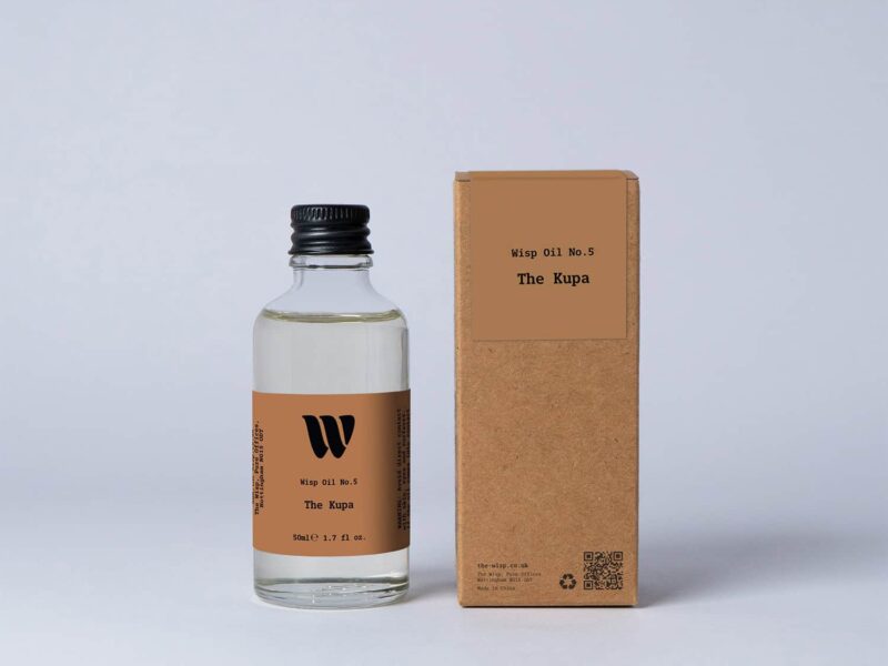 Bottle of the 50ml Wisp home fragrance oil No.5 The Kupa which has notes of leafy and zesty,